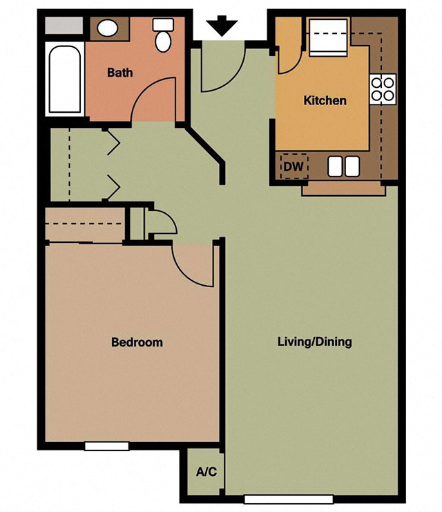 One bedroom floor plan provides an open concept and modern kitchen