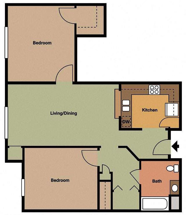 Two bedroom, one bathroom floor plan with large entertainment space and modern kitchen here at Gateway Place Apartments in Huntsville, AL