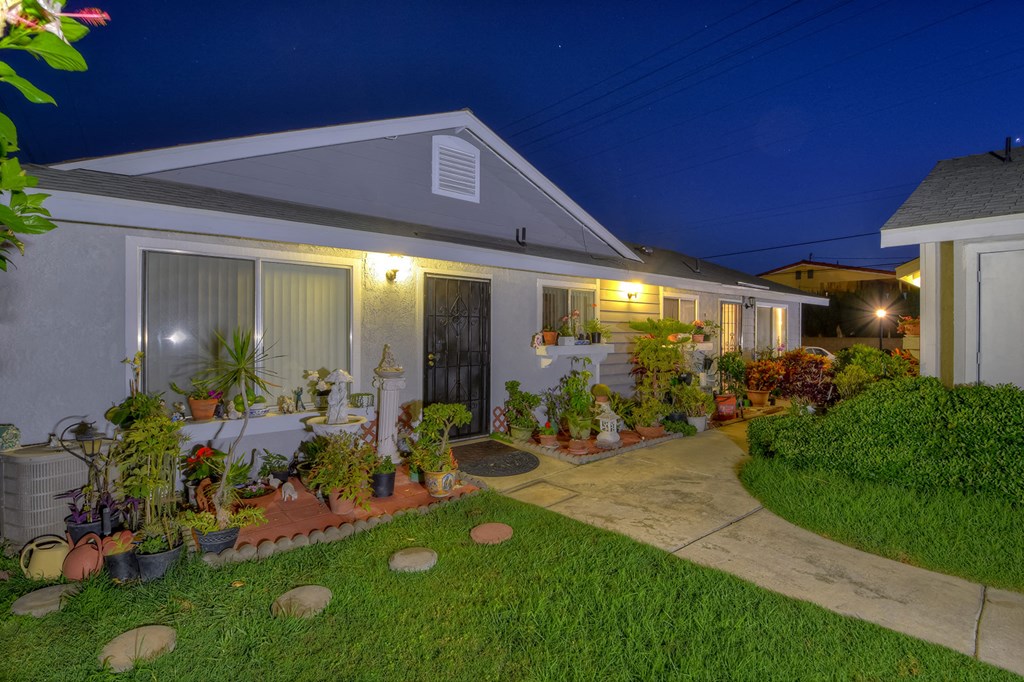 a yard with plants and a house at night