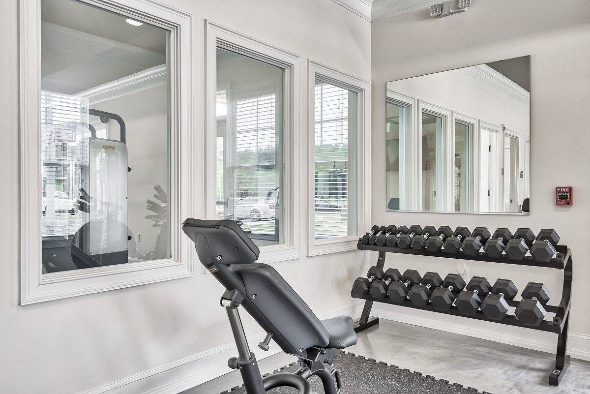 the gym has plenty of dumbbells and mirrors