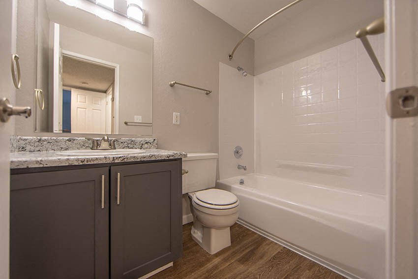 a bathroom with a toilet and a tub and a sink