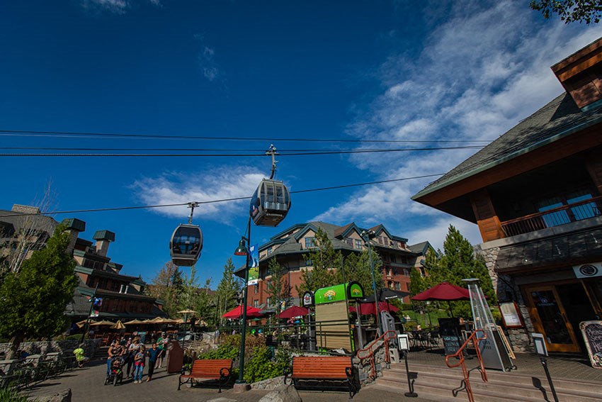 a city under a blue sky with gondolas