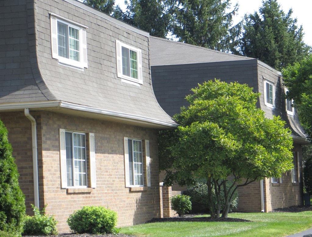 a brick house with a tree in the yard