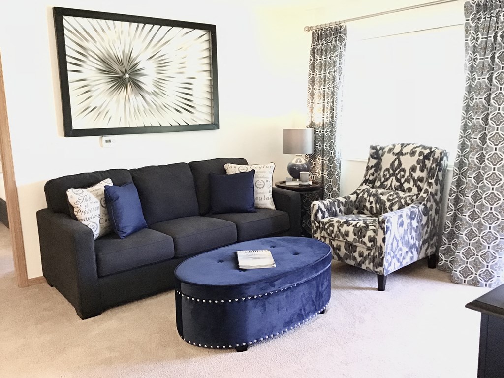 a living room with a black couch and a blue ottoman