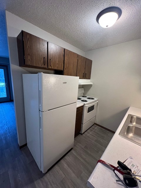 A white refrigerator is in a kitchen with a sink and wooden cabinets.