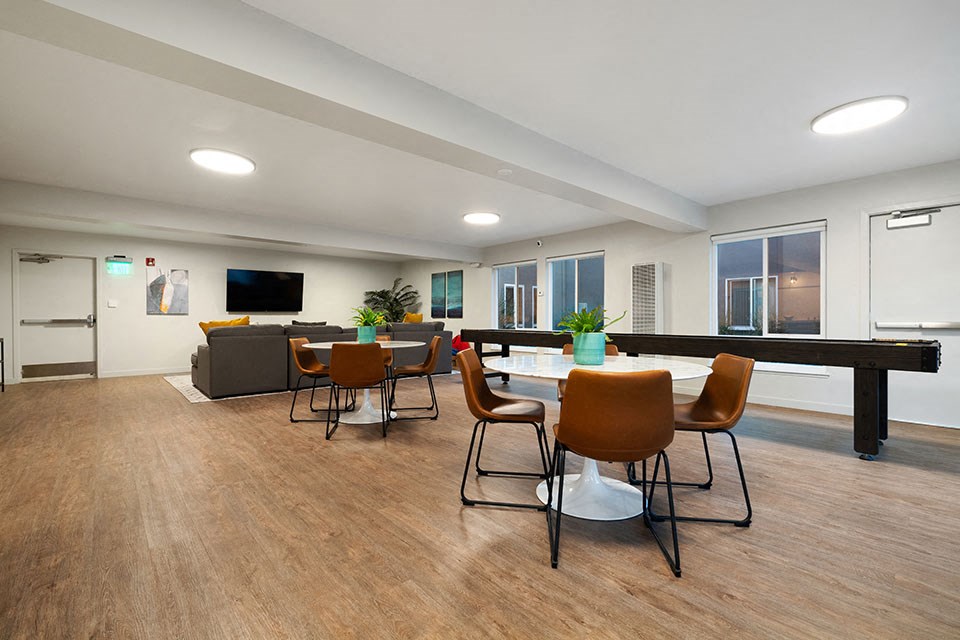 Fremont CA Apartments for Rent - Metro Fremont - Multiple Seating Areas, Billiards Table, Large Couch, Mounted Television, and Wood-Style Flooring