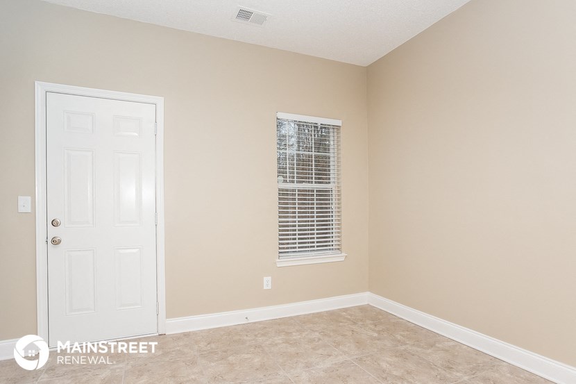 an empty room with a white door and a window