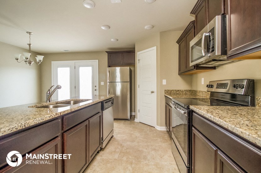 a kitchen with granite counter tops and stainless steel appliances