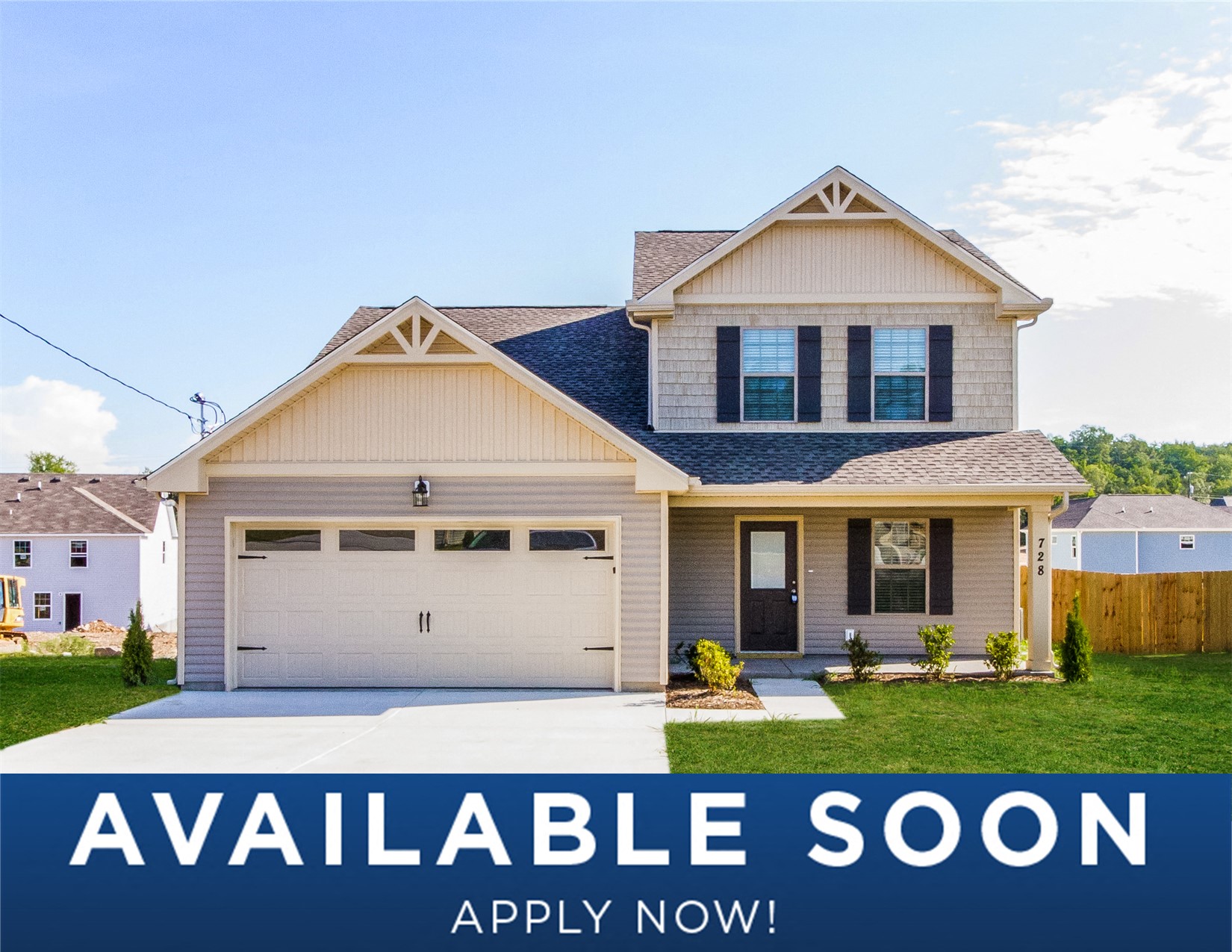 a suburban house with the words available soon on it