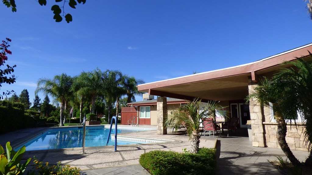 a swimming pool in front of a hotel with palm trees