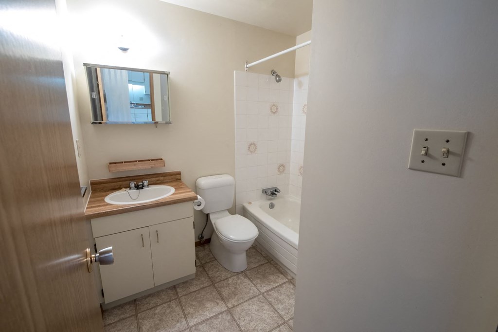 a bathroom with a sink toilet and bath tub