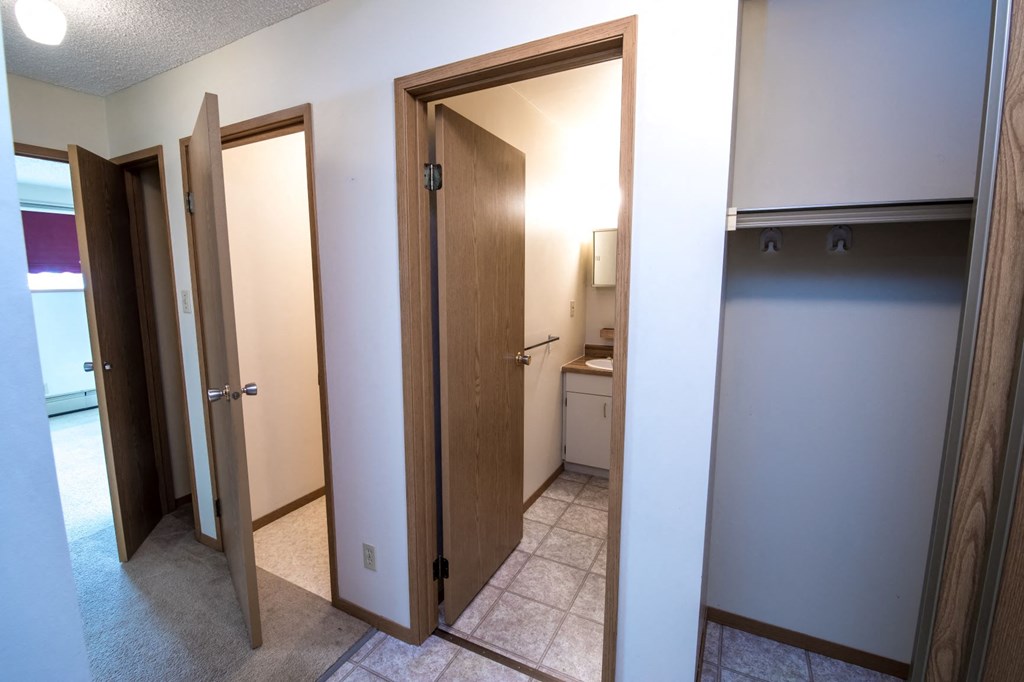 a bathroom with four closets and a door to a closet