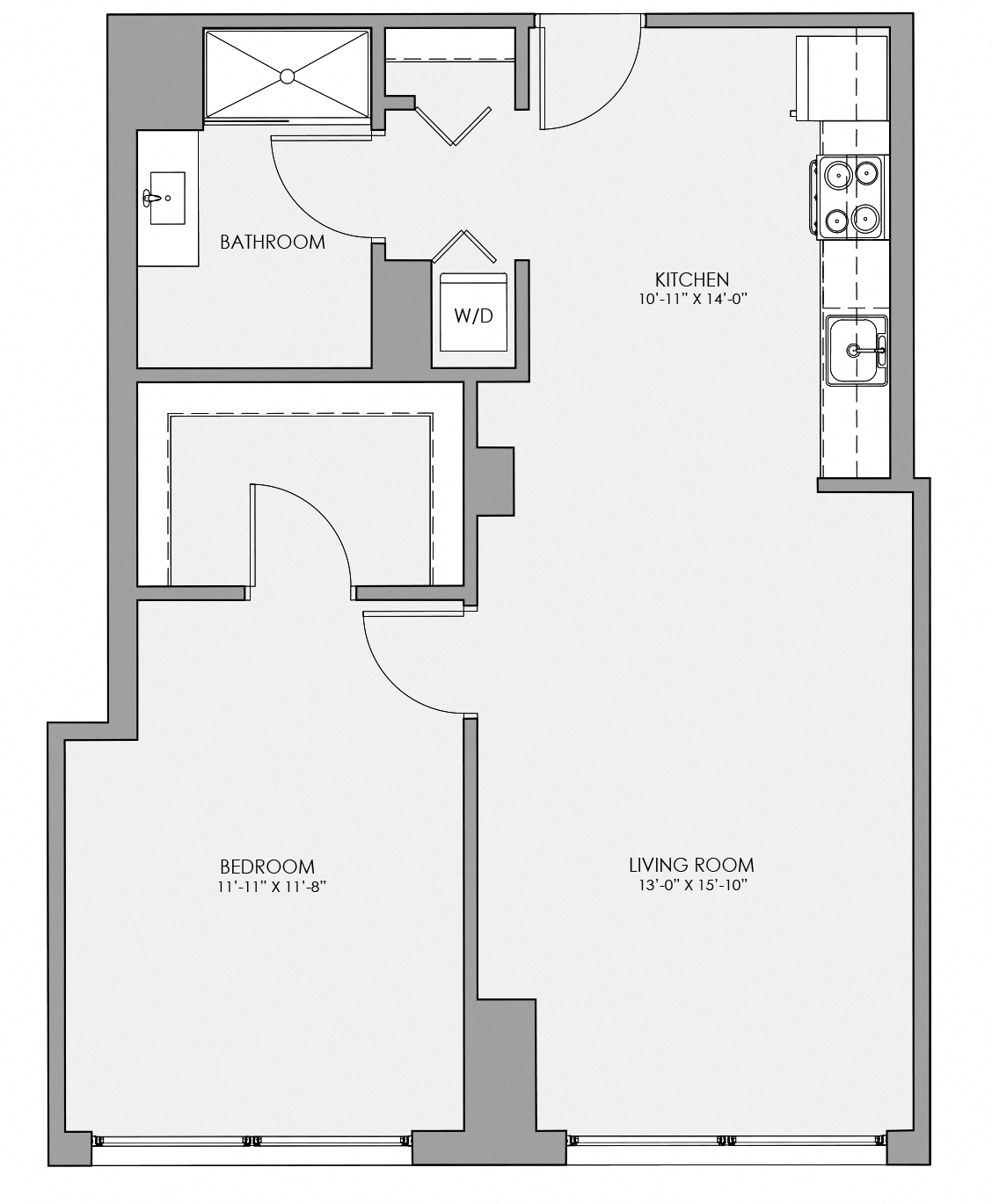 1 bed 1 bath floor plan Dat Lakeview 3200 Apartments, Chicago