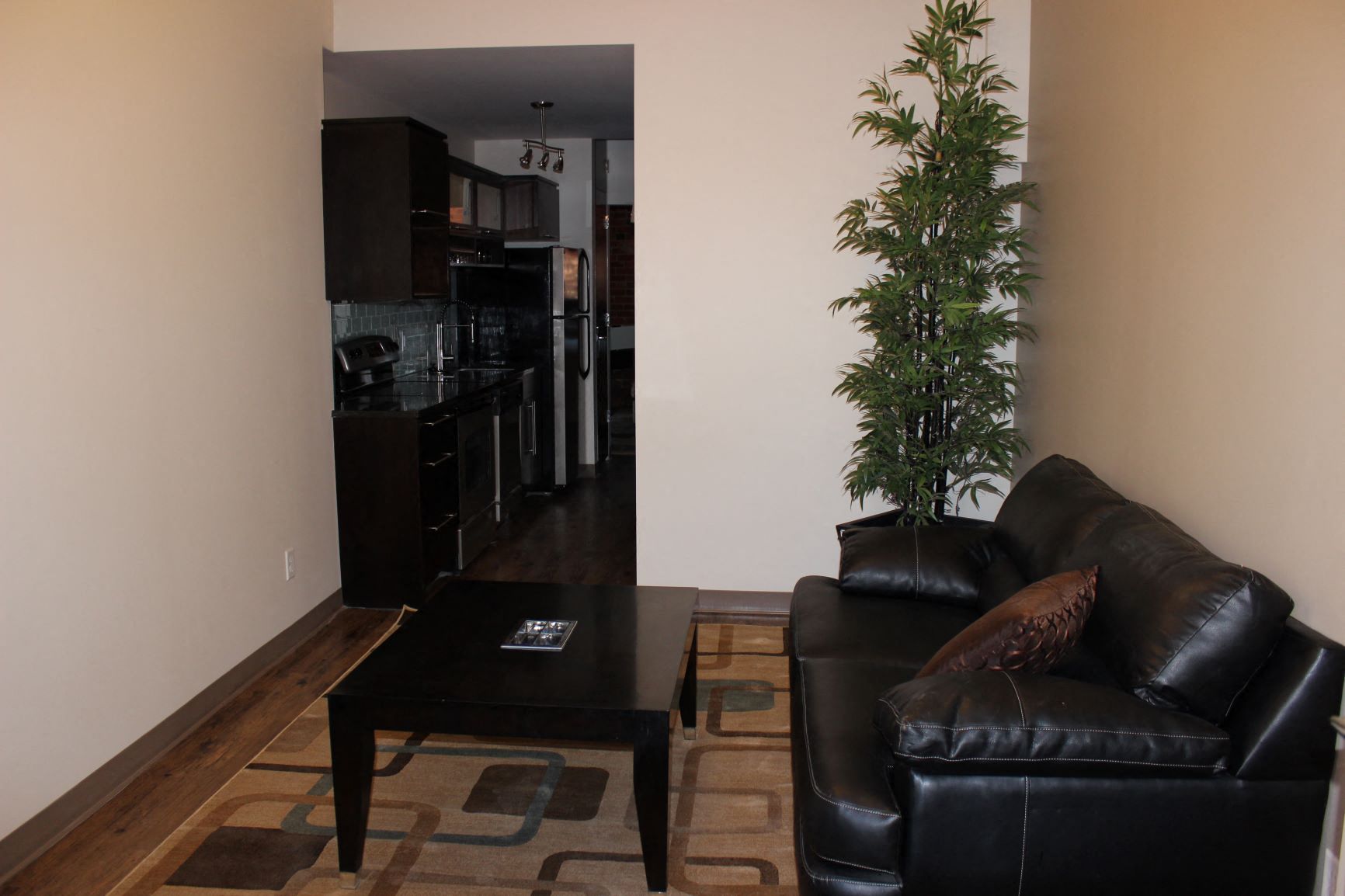 a living room with a leather couch and a coffee table
