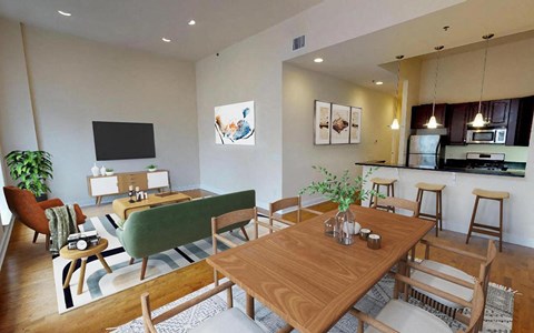A modern dining room with a wooden table and chairs.