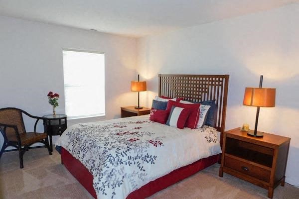 a bedroom with a bed and two lamps