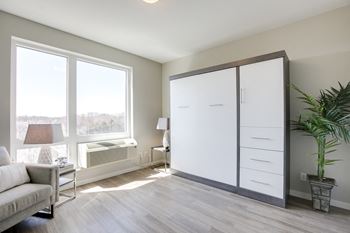 Closed murphy bed in bedroom with large window