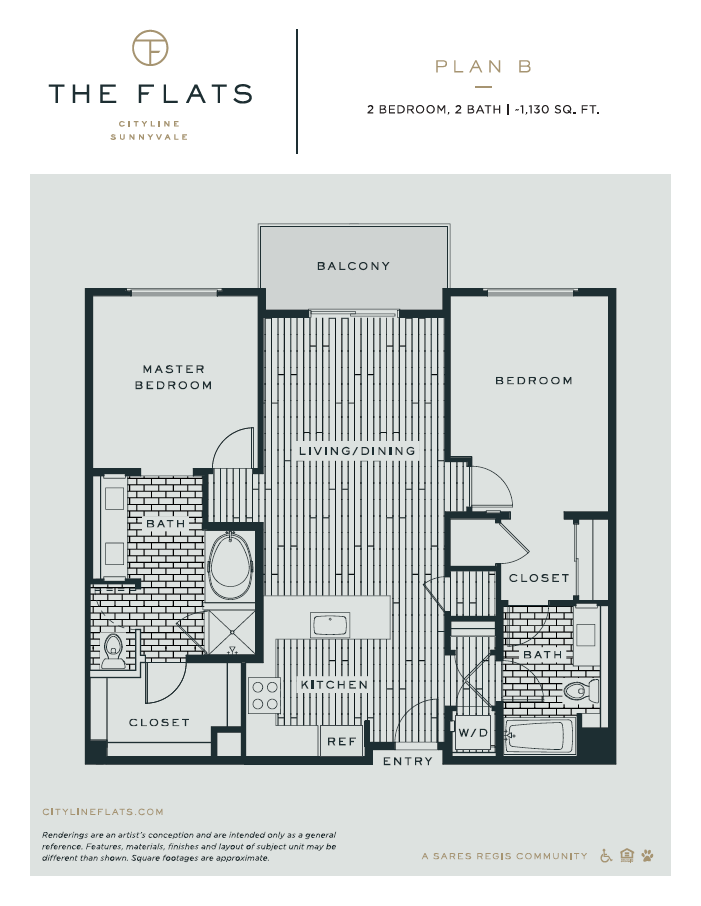 B - 2 Bedroom 2 Bath Floor Plan Layout - 1143 Square Feet