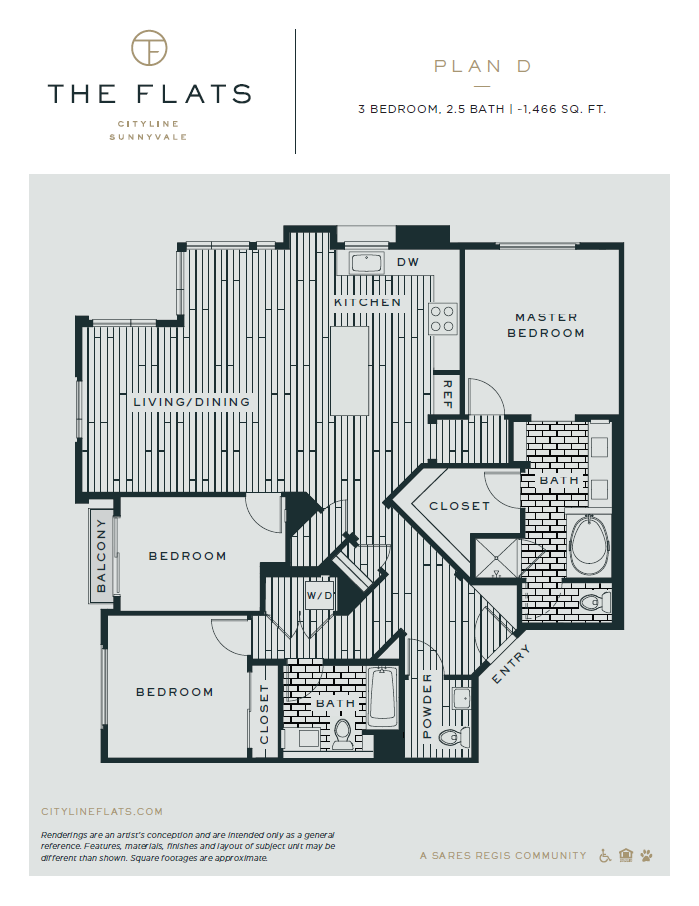 D - 3 Bedroom 2.5 Bath Floor Plan Layout -1473 Square Feet