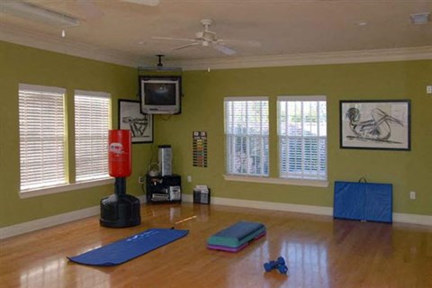 a living room with yoga mats on the floor
