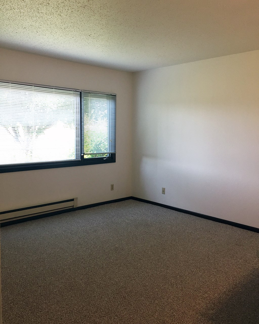 an empty living room with a large window