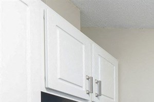 Kitchen with rich white wood cabinetry and tons of counter top space at Equinox Apartments