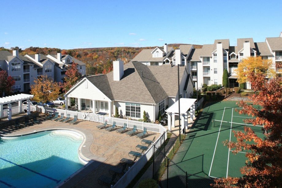 Aerial view of Tennis Court and Swimming Pool at Town Walk at Hamden Hills, Hamden, CT, 06518