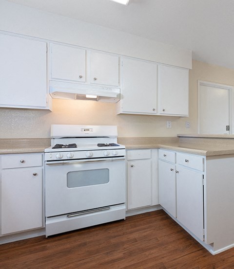 A white kitchen with a stove and cabinets.