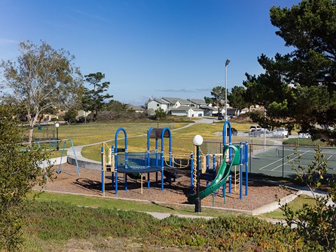 A playground with a blue slide and a basketball court in the background.