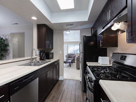 A kitchen with black cabinets and a black refrigerator.