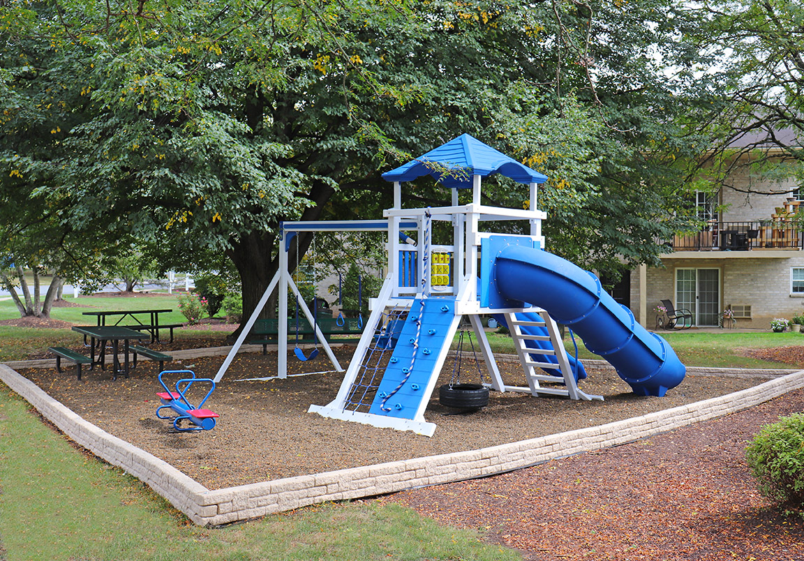 a playground with a blue slide and a swing
