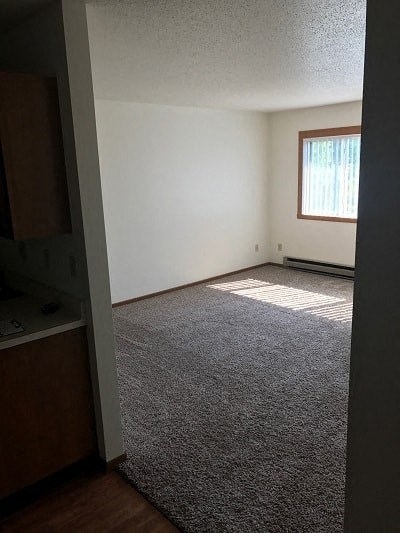 A room with a carpeted floor and a window with blinds.