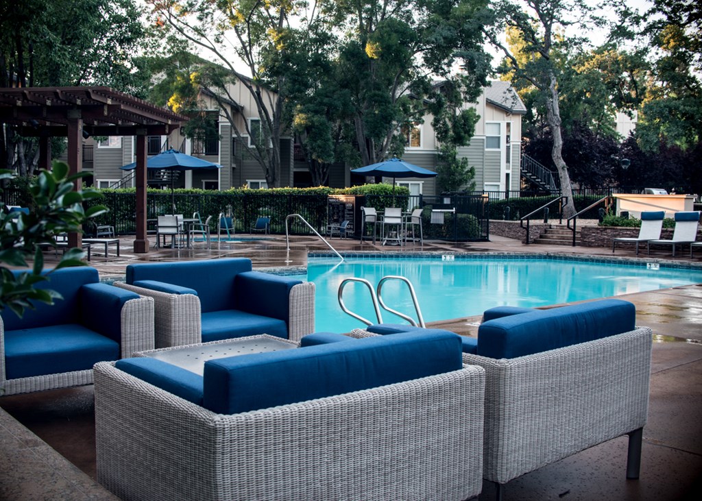 Apartments Folsom CA - Waterford Place - Gated Pool Surrounded by Lounge Seating