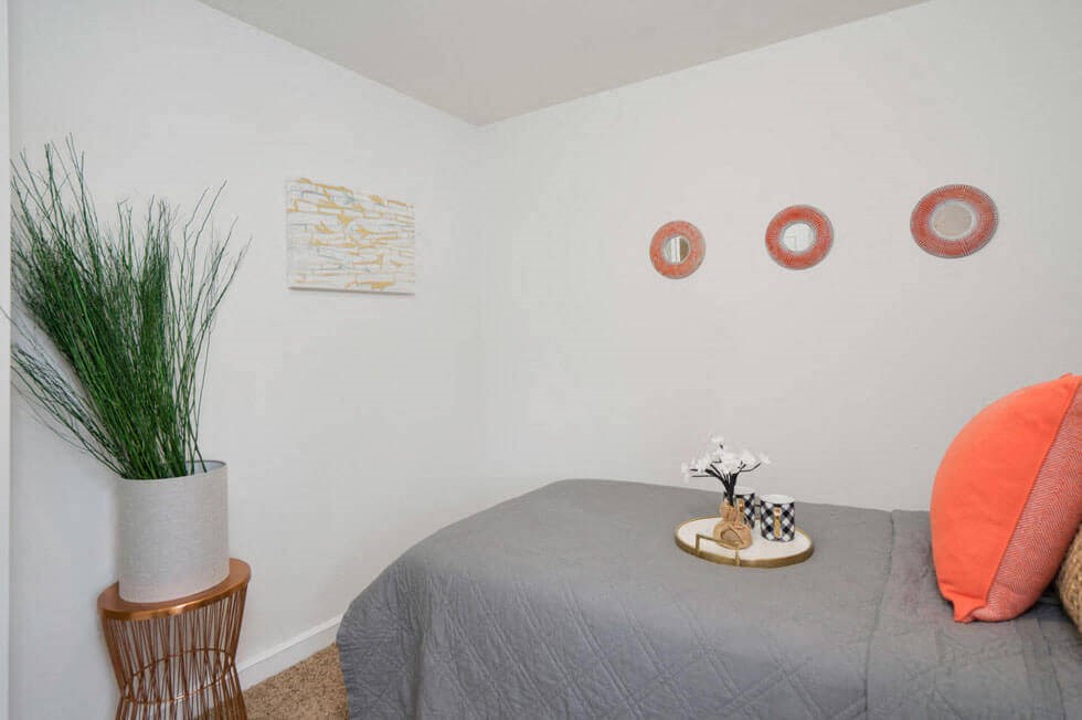 a bedroom with a bed and a plant and some paintings on the wall