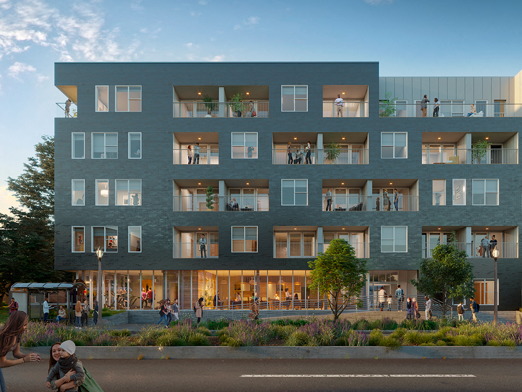 a rendering of a building with people walking in front of it