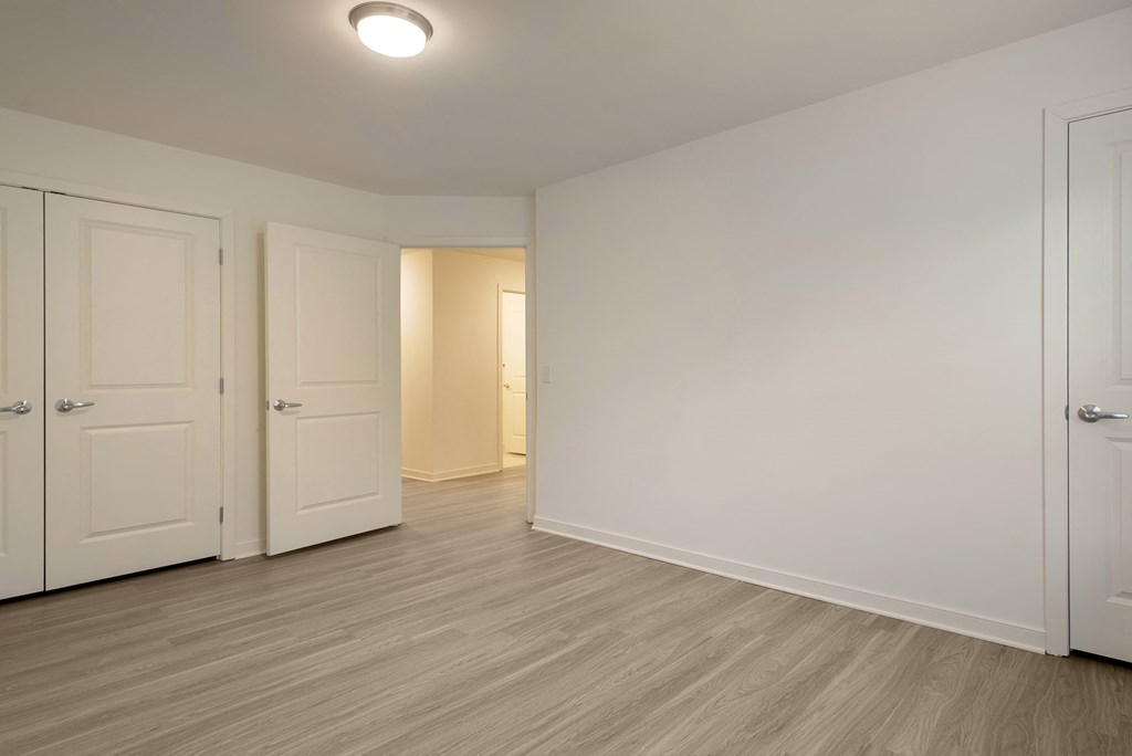 a bedroom with two closets and a door to a hallway