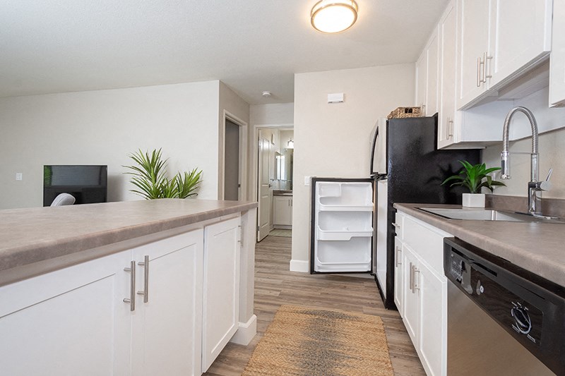 Pleasant Hill Apartments for Rent - Ellinwood - Kitchen with Spacious Countertops, Stainless-Steel Appliances, and White Modern Cabinets