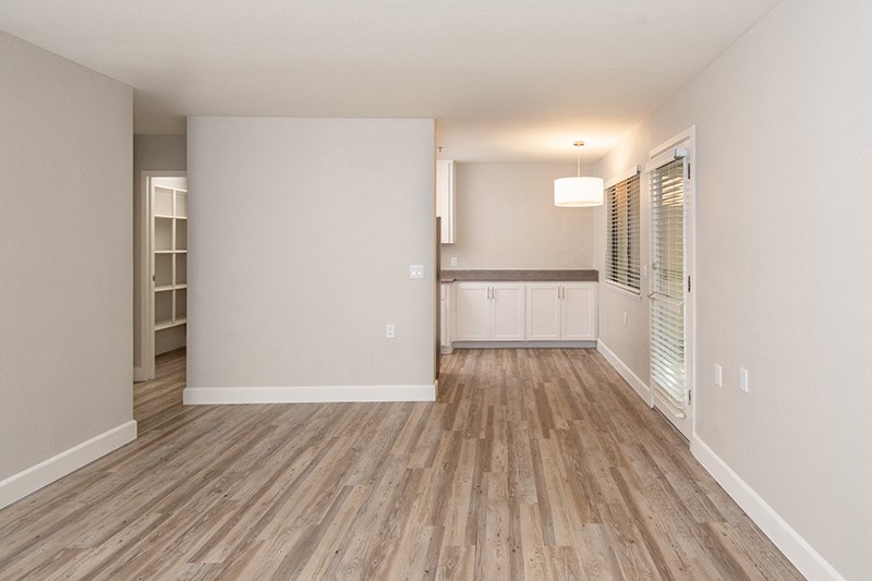 Apartments for Rent in Pleasant Hill CA - Ellinwood - Spacious Bedroom with Patio Door, Wood-Flooring, and Grey Walls