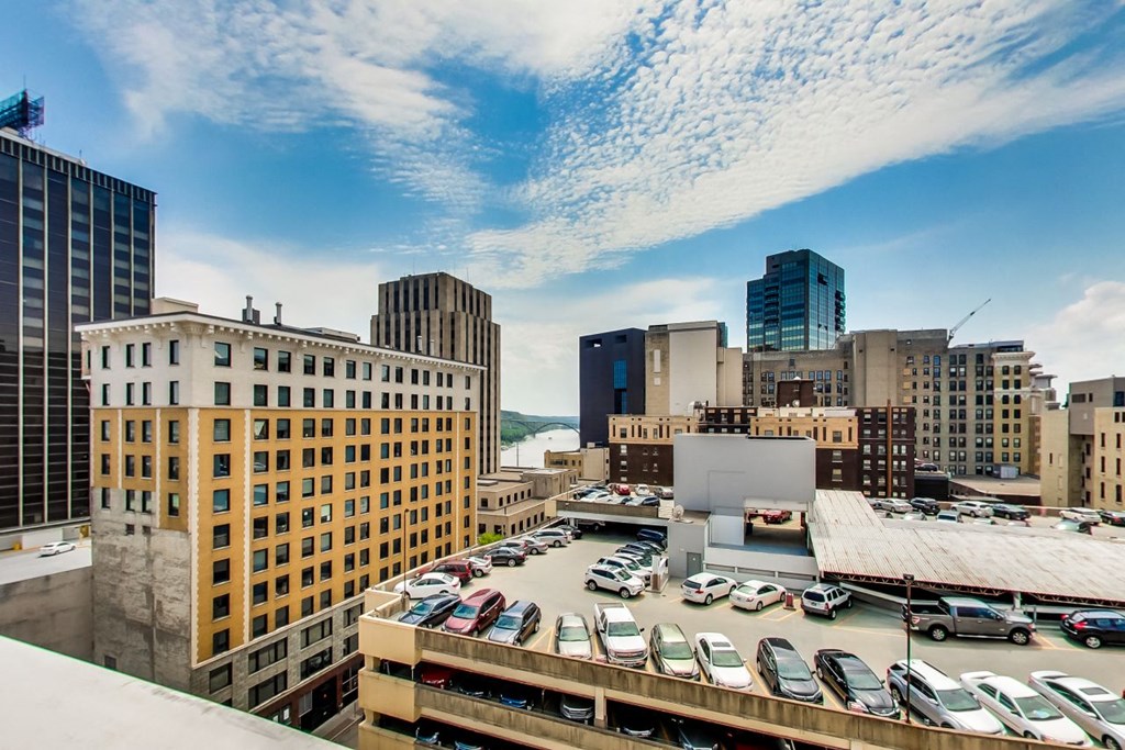 City skyline view from apartment building at Press House Apartments, Minnesota
