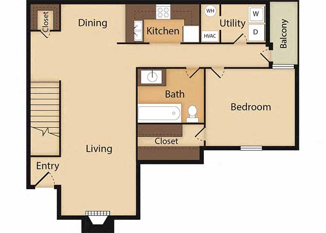 1 Bed 1 Bath Aspen Floor Plan at Ridgeland Place Apartment Homes, Ridgeland, MS, 39157