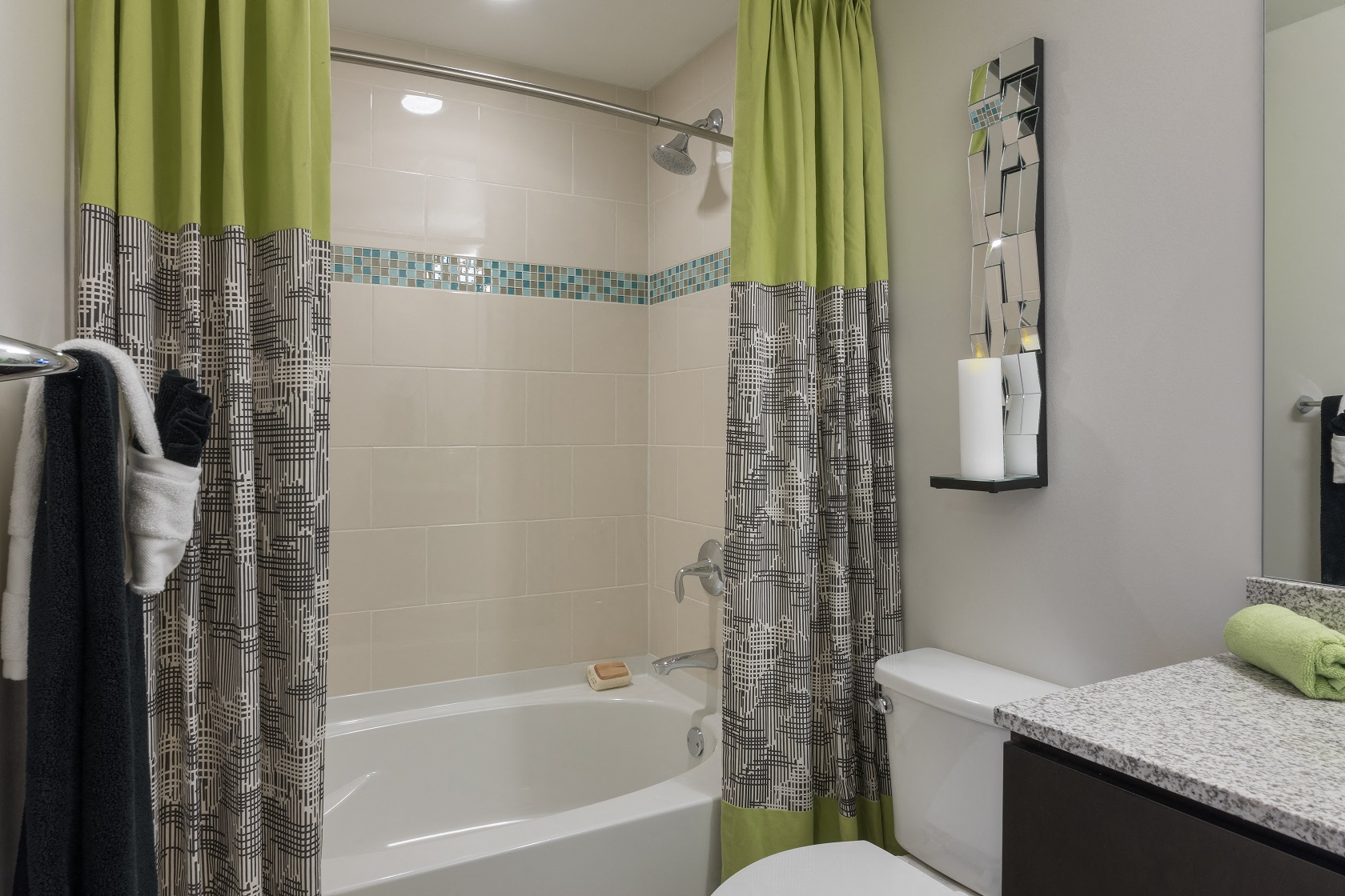 Cabinet storage is abundant in every bathroom.