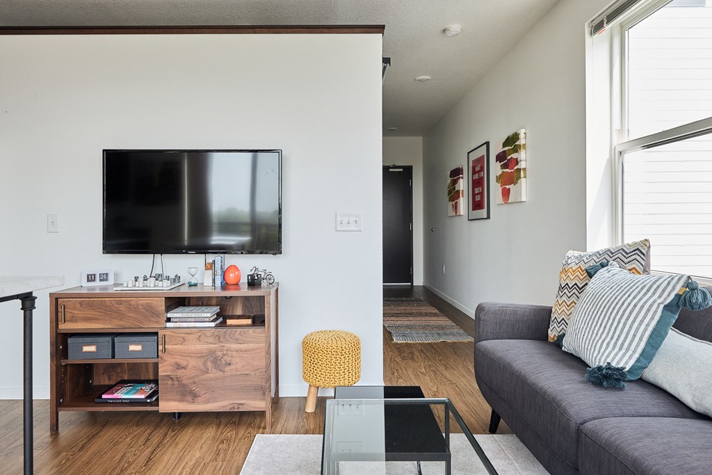 a living room with a gray couch and a television