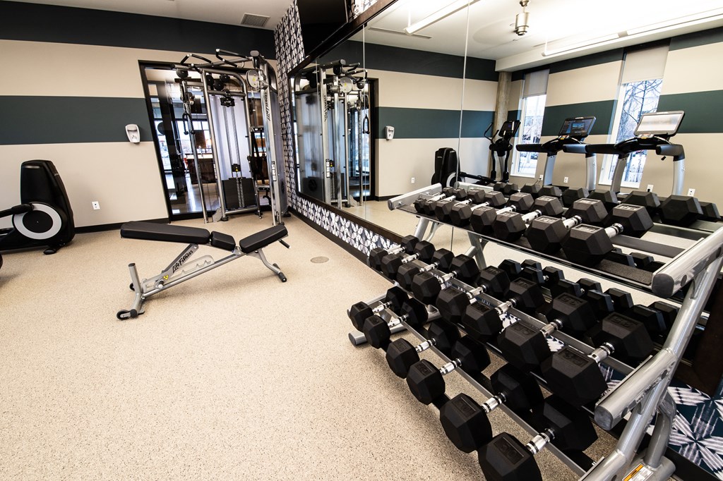 a view of the fitness center with weights and cardio equipment in a gym