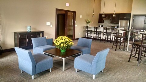 a living room with blue chairs and a table with yellow flowers