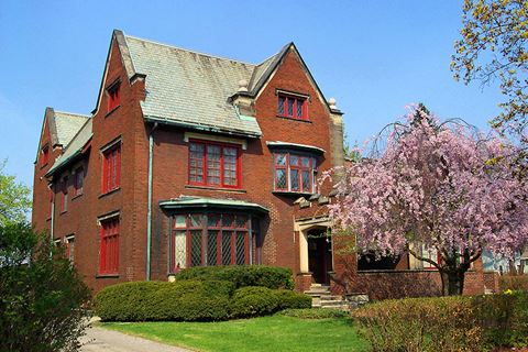 a red brick house with a flowering tree
