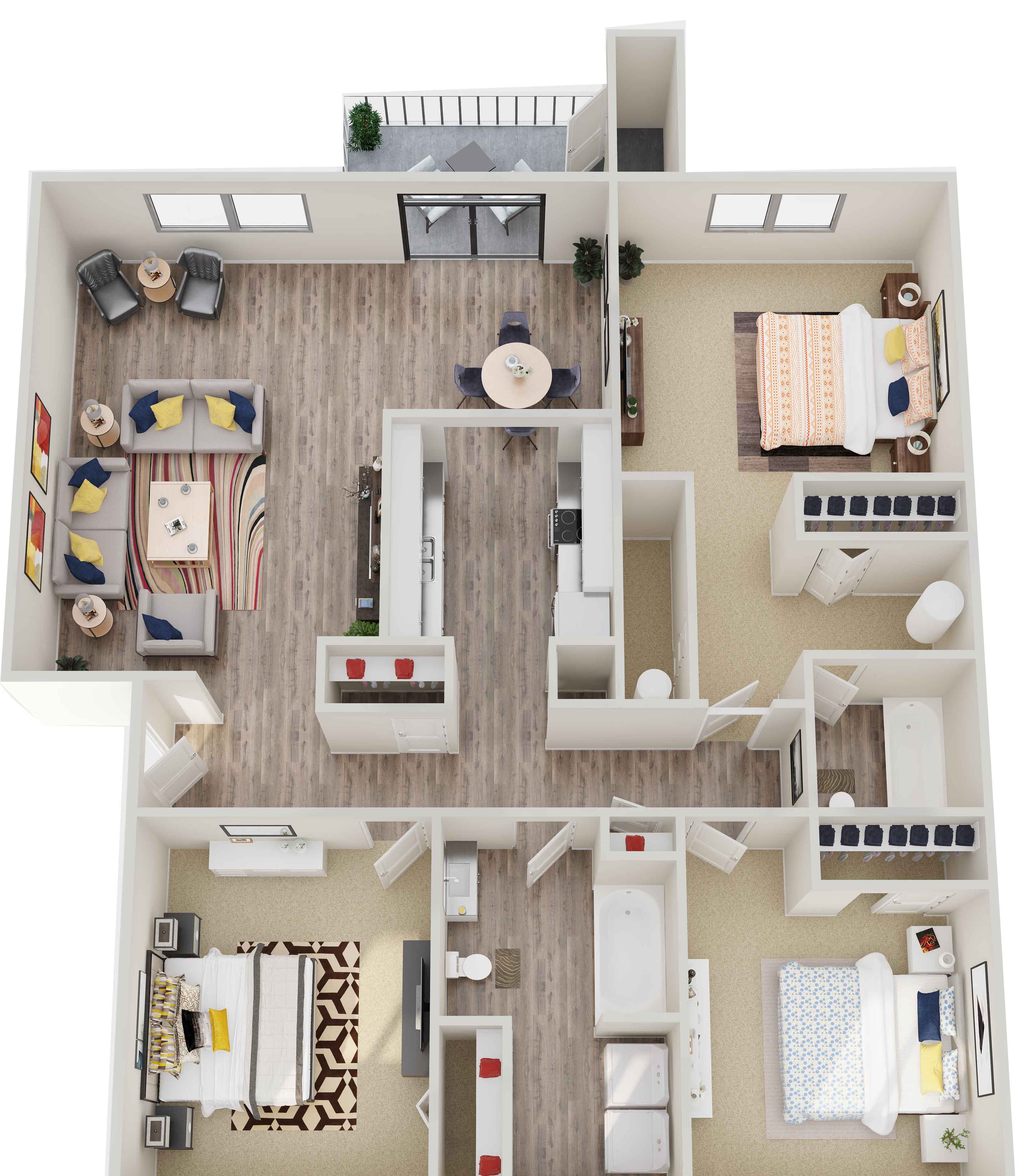 GoGo West Apartments 3 Bed 2 Bath 3D Floor Plan