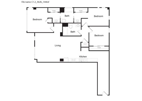 C1.2 - 3 Bed 2 Bath Floor Plan at 6th and G Apartments in San Diego, CA 