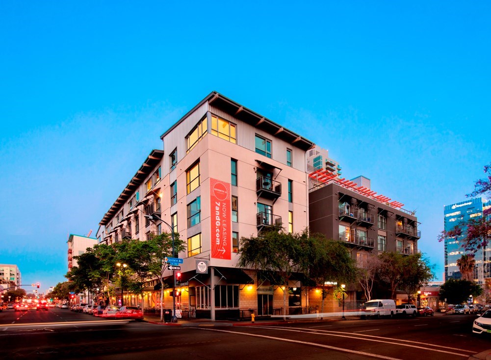 Property Exterior at Night at 7th and G Apartments in San Diego, CA 