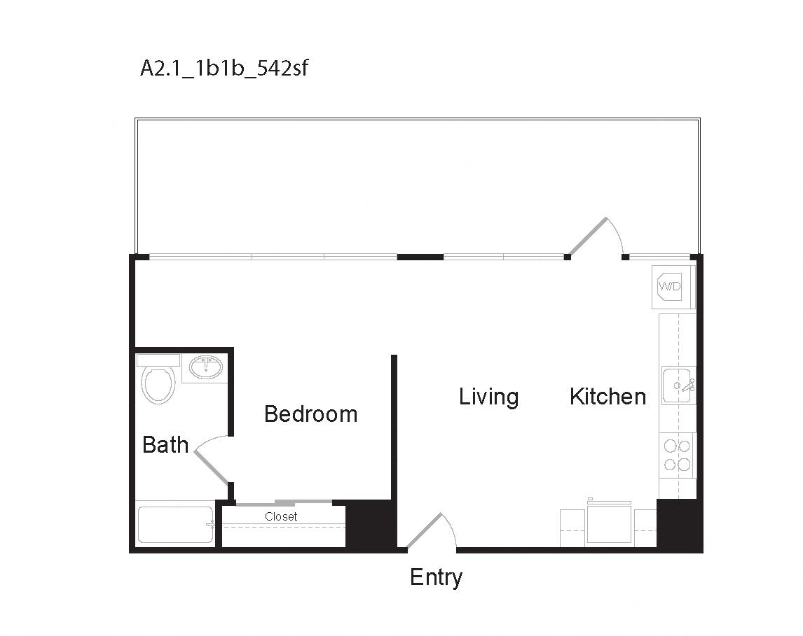 A2.1 1 Bedroom 1 Bath Floor Plan at 10 and G Apartments in San Diego, CA