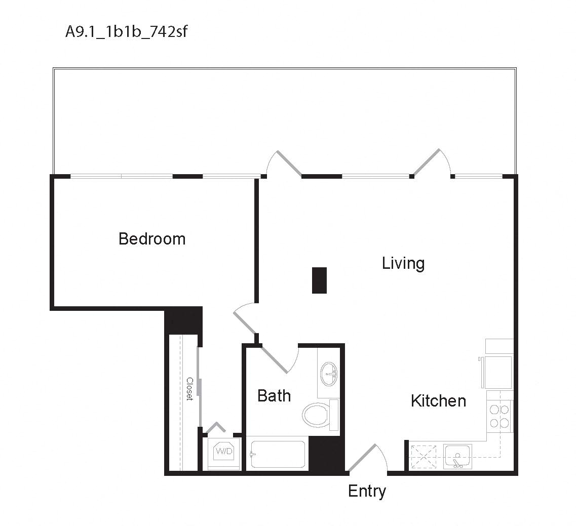 A9.1 1 Bedroom 1 Bath Floor Plan at 10 and G Apartments in San Diego, CA